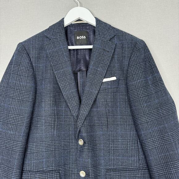 BOSS Blazer Mens 36R Blue Plaid Wool Blend Hutson Slim Fit Sport Coat Jacket - Picture 2 of 15